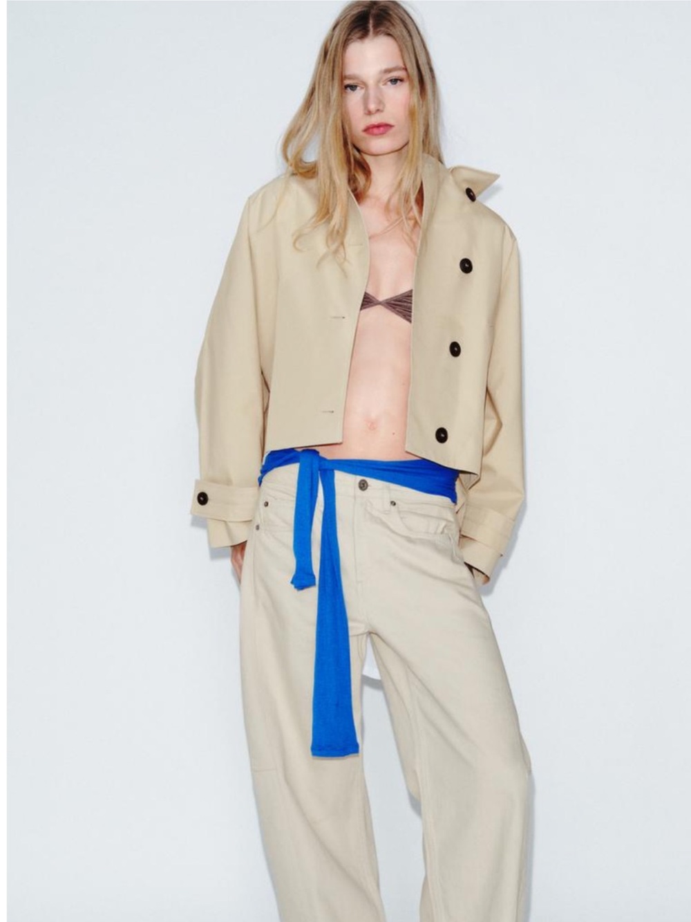Zara Ecru Beige Cropped Trench Coat with Blue Belt Accent